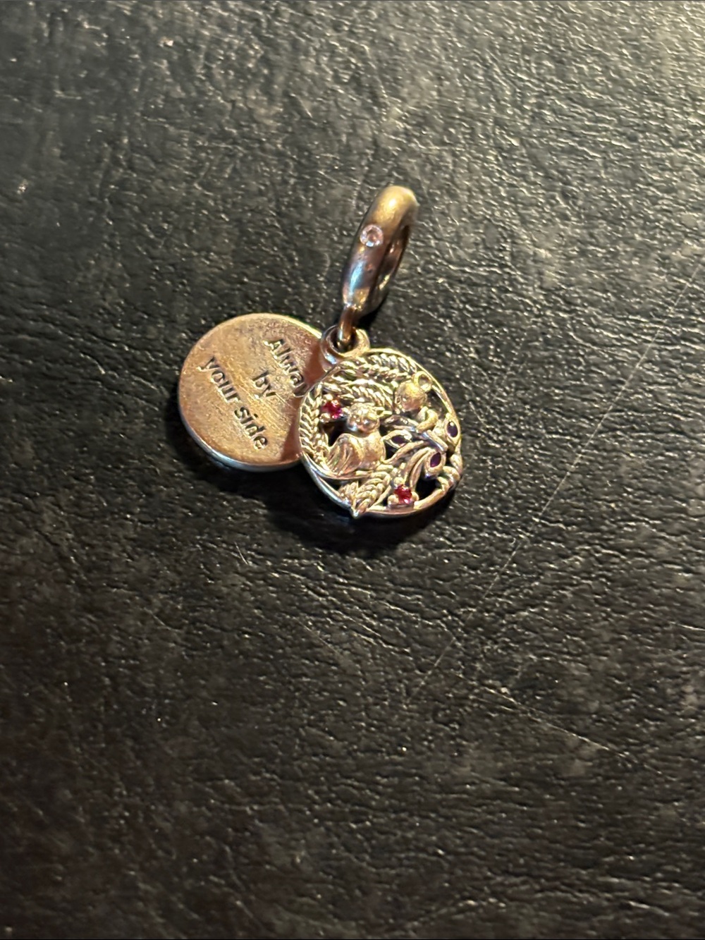Pandora sterling silver Floral Double Disc Pendant with Red Accents